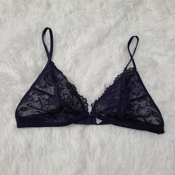 Savage X Fenty Womens Sz S Navy Blue Lace Unlined Coquette Triangle Bralette - Picture 1 of 7
